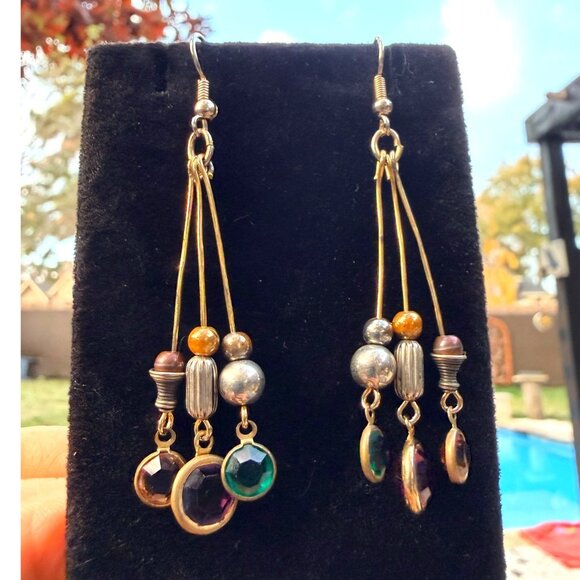 VINTAGE Gold-Tone Triple Strand Multicolor Crystal Earrings & Mixed Metal Beads - Picture 6 of 7